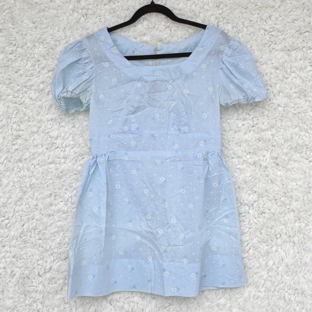 Vtg 70's Handmade Light Blue Daisy Puff Sleeve Baby Doll Retro Mini Dress No Tag